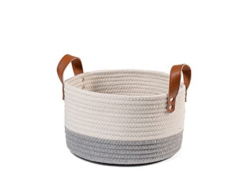 Cesto in Cotone Bianco e Grigio con Manici in Ecopelle Tondo 26x15hcm