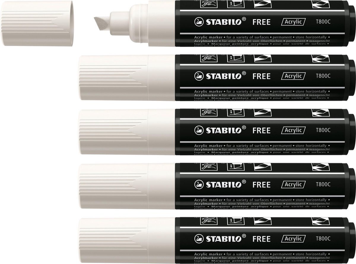 Stabilo FREE - Acryl Marker - T800C - Schuine Punt - 4-10 mm - Wit - Doos 5 stuks