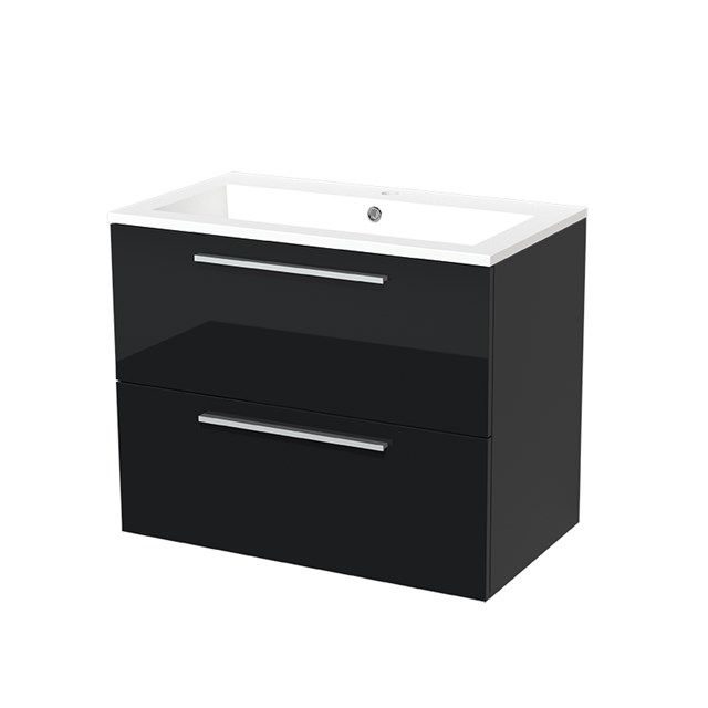 Maxaro Badkamermeubel 80cm Modulo Hoogglans Zwart 2 lades Vlak Wastafel Mineraalmarmer