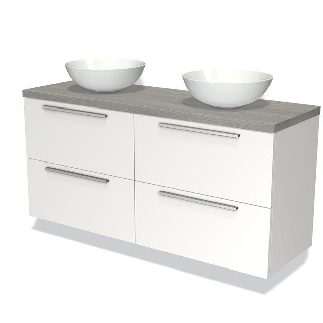 Maxaro Badkamermeubel voor Waskom 140cm Modulo Plato Mat Wit 4 Lades Vlak Grijs Eiken Blad