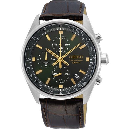 Seiko SSB385P1 Herenhorloge - Zilverkleurig - Groen - Bruin Leer - 41.5 mm