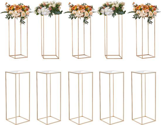 Vevor Set van 10 Vierkante Bloemenkrukken 28 X 28 X 80 cm Bloemenstandaard Ijzeren Bijzettafel Moderne Bloemenzuil Goud Galvaniseren Plantenkruk Plantenstandaard Metalen Standaard voor De Decoratie van Bars Hotels Café's