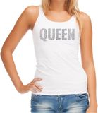 Bellatio Decorations Shoppartners Bv Glitter Queen tanktop wit met steentjes/ rhinestones voor dames - Glitter kleding/ foute party outfit M