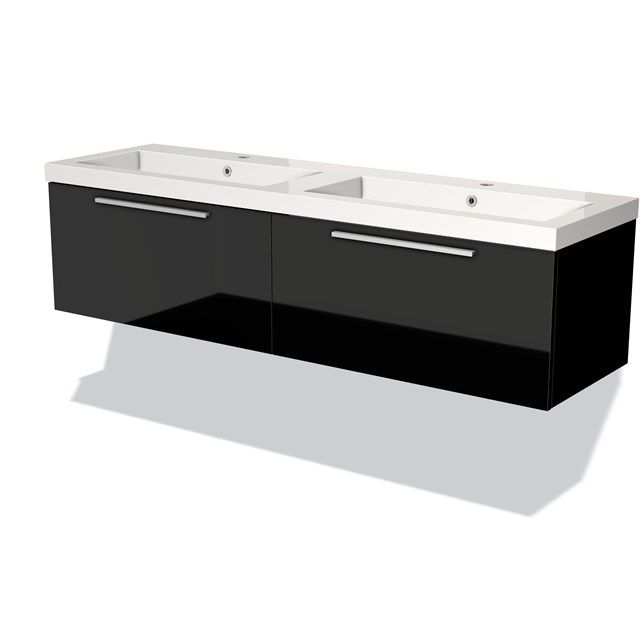 Maxaro Badkamermeubel 160cm Modulo Hoogglans Zwart 2 Lades Vlak Wastafel Mineraalmarmer
