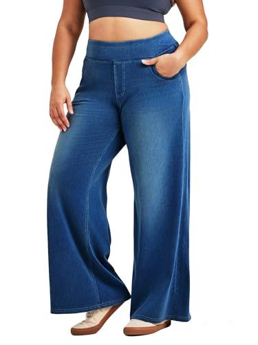 LaiEr Denim broek met wijde pijpen voor dames, hoge taille, rechte pijpen, losse pasvorm, zeer rekbare casual jeans voor yoga, fitness, casual sport, Donkerblauw, M