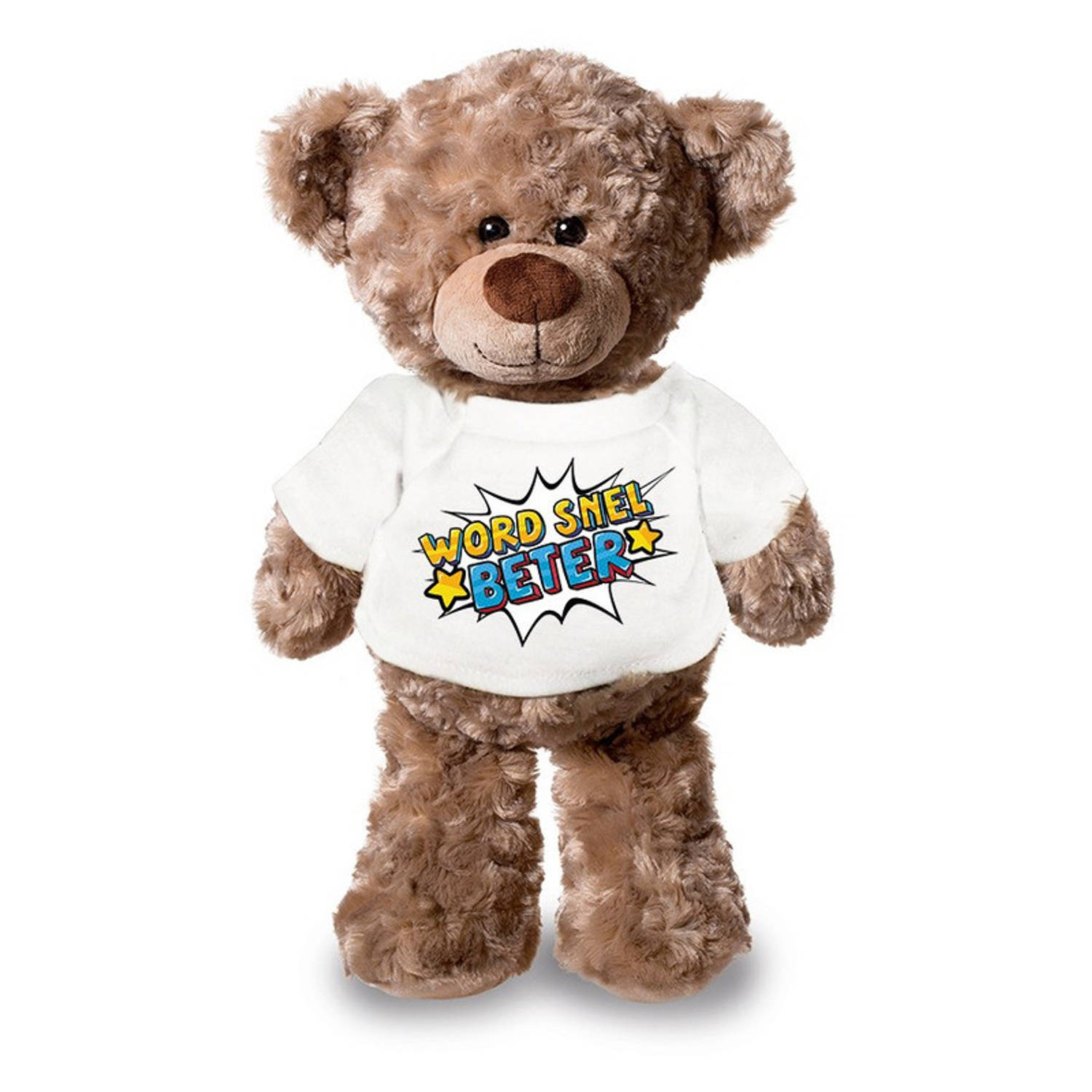 Bellatio Decorations Word snel beter pluche teddybeer knuffel 24 cm met wit pop art t-shirt - word snel beter / cadeau knuffelbeer