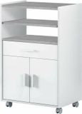 Aucune Bijzetkast met wieltjes, magnetronkast, kast met 1 lade en 2 deuren, afwerking in artikwit en cement, afmetingen: 59 cm (breedte) x 92 cm (hoogte) x 40 cm