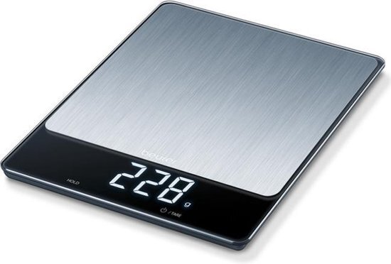 Beurer KS 34 XL stainless steel keukenweegschaal van roestvrij staal voor nauwkeurig wegen tot 15 kg, met handige tarra-weegfunctie, hold-functie en Magic led-display, roestvrij staal