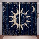 kxry Zon en maan verduisterende gordijnen voor slaapkamer woonkamer marineblauw boho hemelse verduistering doorvoertule gordijn 213 cm lange raamgordijnen behandelkamer decor, set met 2 panelen, 107