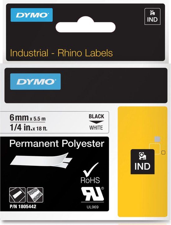 DYMO Rhino Permanent Polyester Label - 6mm x 3.5m - Black on White