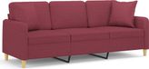 vidaXL Driezitsbank met sierkussens 180 cm stof wijnrood