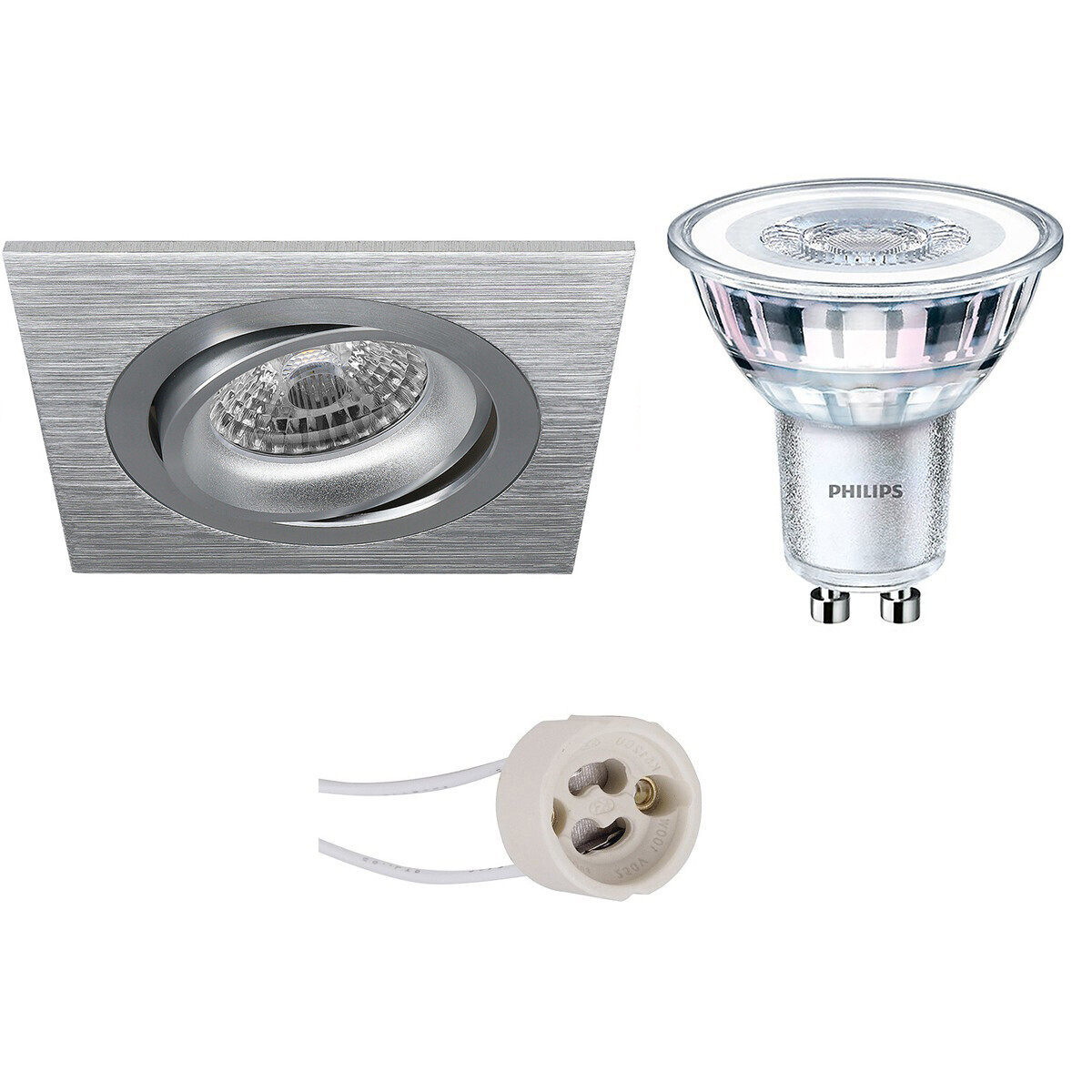 BES LED LED Spot Set - Pragmi Borny Pro - GU10 Fitting - Inbouw Vierkant - Mat Zilver - Kantelbaar - 92mm - Philips - CorePro 827 36D - 4.6W - Warm Wit 2700K