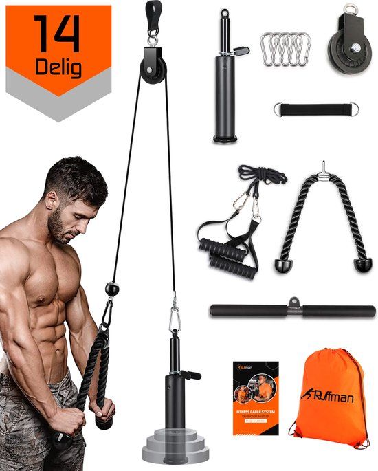 Ruffman Fitness kabelsysteem – Thuis sporten met een XL kabel set – katrol – stang – triceps touw – home gym krachttraining station - lat pulley - Inclusief handleiding