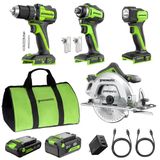 GREENWORKS 24V Set d'outils sans fil 4 pièces – Perceuse à percussion & Visseuse sans balai, Scie circulaire 6,5\", Lampe LED, Batteries 4,0Ah + 2,0Ah (Powerbank 24.000 mAh), Chargeur rapide 65W
