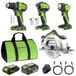 GREENWORKS 24V Set d'outils sans fil 4 pièces – Perceuse à percussion & Visseuse sans balai, Scie circulaire 6,5\", Lampe LED, Batteries 4,0Ah + 2,0Ah (Powerbank 24.000 mAh), Chargeur rapide 65W
