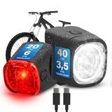 FISCHER Fietsverlichtingsset Square, 40/20 Lux, voor- en achterlicht, met accu, USB-oplaadfunctie, spatwaterbescherming conform IP44, StVZO-goedgekeurd