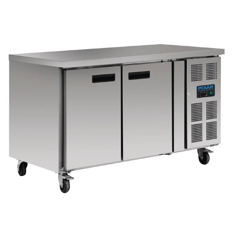 Polar Gekoelde RVS werkbank 2 deurs met wielen 86 x 136 x 70 cm