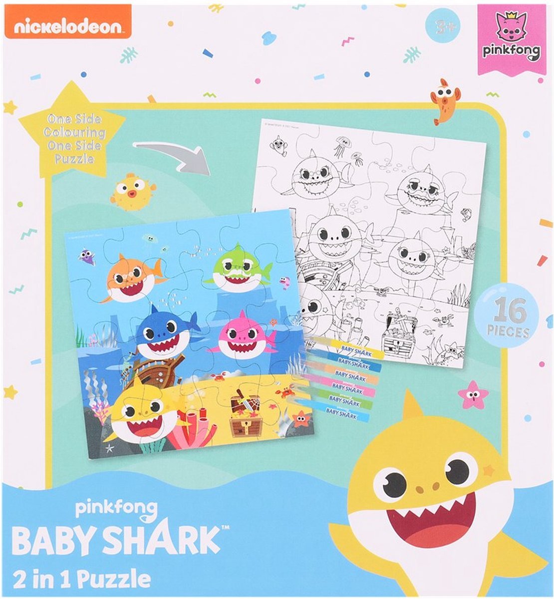 Baby shark puzzel 2 in 1 puzzel plus 6 stiften 25 cm x 25 cm 16 stukjes