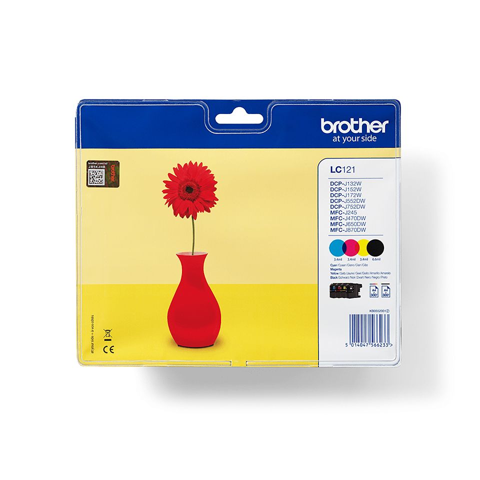 Brother LC-121 Ink Cartridge Multipack - Black, Cyan, Yellow, Magenta - Compatible with Brother MFC-J470DW, MFC-J650DW, MFC-J870DW, DCP-J552DW, DCP-J752DW
