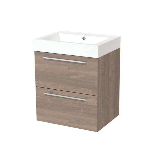 Maxaro Badkamermeubel 60cm Modulo Middenbruin Eiken 2 lades Vlak Wastafel Mineraalmarmer