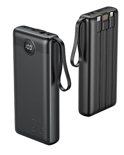 VRURC Powerbank 20000mAh met geïntegreerde oplaadkabel QC PD 3.0 snel opladen draagbare lader USB C Power Bank LED Display externe batterij compatibel met iPhone, Huawei, Samsung Smartphone Tablet