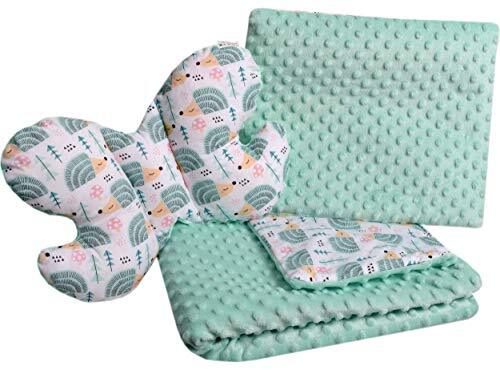 Medi Partners Babydeken, kruipdeken, set, 3-in-1, 100% katoen, Minky kinderdeken 55 x 75 + 35 x 30 cm, plat kussen en anti-shock kussen, vlinder (mint egel met mint minky)