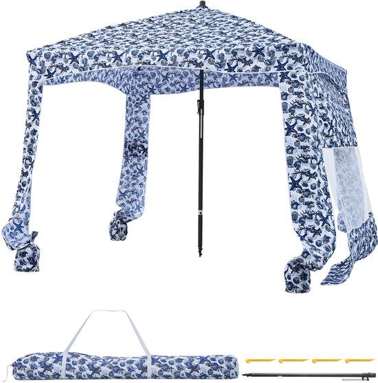 VEVOR Strandcabana 183x183cm, Strandluifel met Zijwanden, UPF 50+ Zonbescherming, Strandpaviljoen met Zandzakken, Donkerblauw Patroon