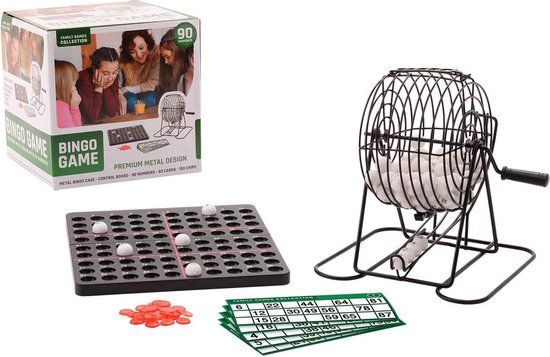 Merkloos Bingo spel - met metalen molen - 20 x 17,5 x 21,5 cm - met speelborden - bingokaarten - ballen