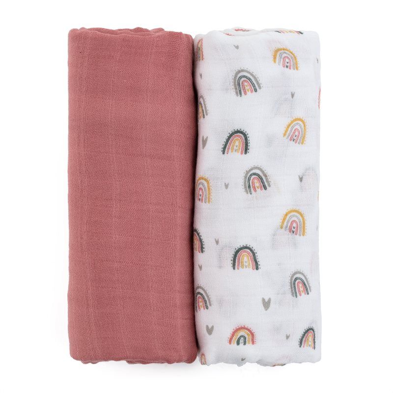 Petite&Mars Misty 2-in-1 x 120 cm bamboe mousselinedoek, hypoallergeen, bamboe, katoen, spuugdoek, mousseline-doek, regenboogroze, 2 stuks