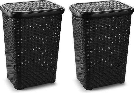 PLASTICFORTE Wasmand met deksel - 2x stuks - 60 liter - zwart - rotan - kunststof - L35 x B43 x H62 cm