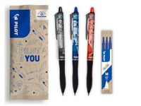 PILOT x ONE PIECE - Set van 3 FriXion Ball Plus, Zwart, blauw, rood + 1 set van 3 blauwe vullingen + 4 stickers - Uitwisbare pennen - One Piece Limited Edition - Van gerecycled plastic - Medium punt