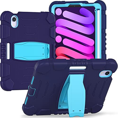 YEOU Schokbestendig hoesje voor iPad Mini 6 2021, 3-laags Full Body Tough Robuuste Stand Cover Case, Ingebouwde Potlood Houder voor iPad Mini 6 8.3 inch 2021 Release-Navyblue