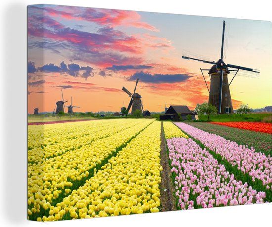 OneMillionCanvasses Canvas Schilderij 140x90 cm - Tulpen Windmolen Natuur - Muurdecoratie