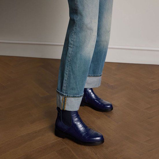 No Stress Dames Donkerblauwe Leren Chelsea Boots met Croco Details - Maat 37
