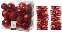 Decoris Kerstversiering kunststof kerstballen 6-8-10 cm met folieslingers pakket rood van 28x stuks - Kerstboomversiering
