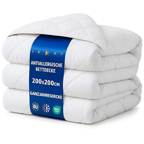 Dekbed 200 x 200 cm, dekbed voor het hele jaar, voor 1 of 2 personen, dekbed voor bed zonder overtrek, wit, van microvezel, 200 x 200 cm, Oeko-Tex