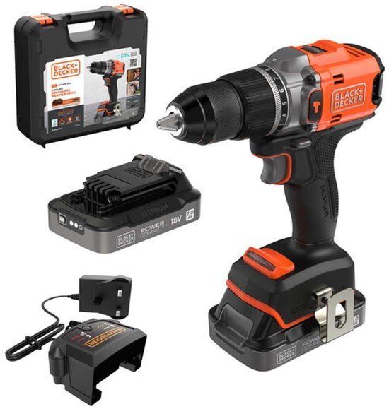 BLACK+DECKER 18V Accu-klopboor-/schroefmachine, 2x 2.0 Ah accu, lader, koffer