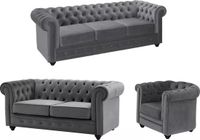 Vente-unique Drie- en tweezitsbank en fauteuil van antracietkleurig velours CHESTERFIELD