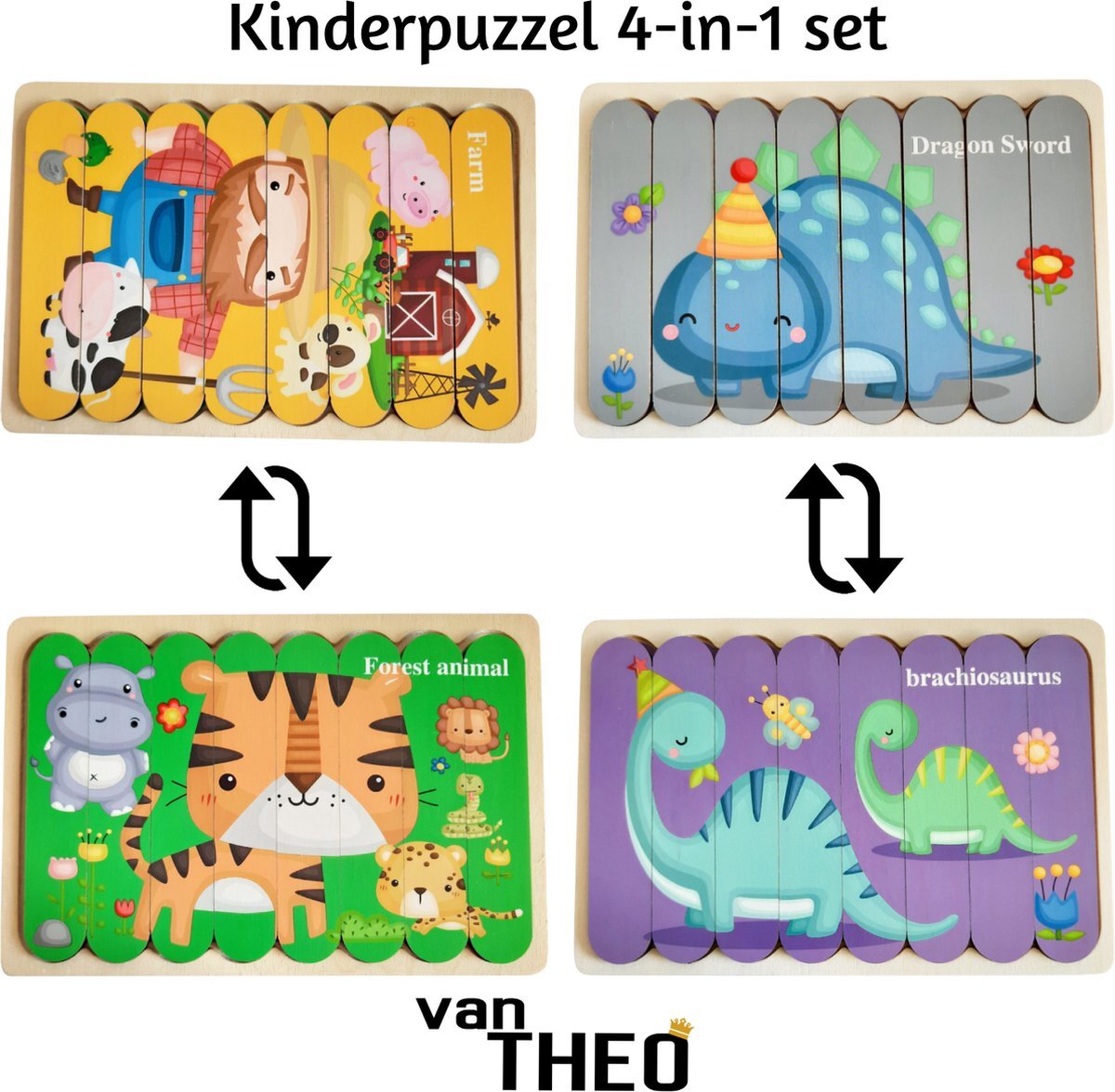 van Theo Houten Puzzel - Dubbelzijdige Kinderpuzzels - Set 4-in-1 - Montessori Speelgoed - Set Jungle en Dino's