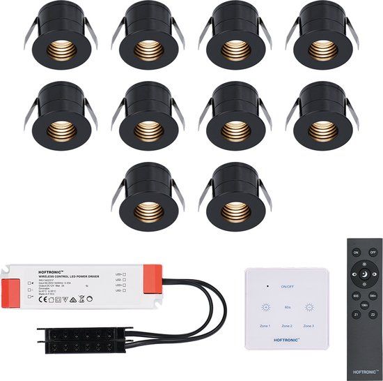 HOFTRONIC Set van 10 Betty LED Mini Inbouwspots met Trafo en Muurdimmer - Zwart