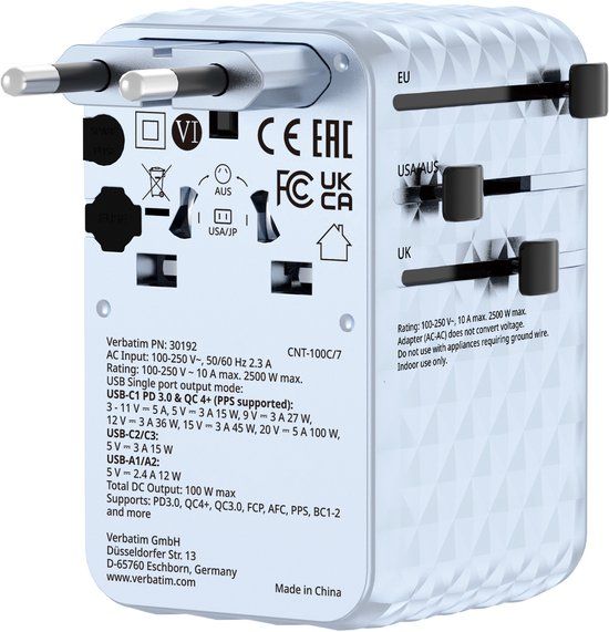 Verbatim GaN Reisadapter 100 W blauw met geïntegreerde kabel en 2 USB-C-poorten, 2 USB-A-poorten, 2 USA/JP-poorten, universele snellader voor laptop, smartphone en meer