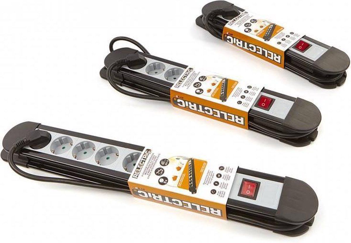 Relectric Stekkerdoos - 8-voudig - 1,5m - Randaarde - Zwart/Grijs - 3700 Watt - RELEC492268