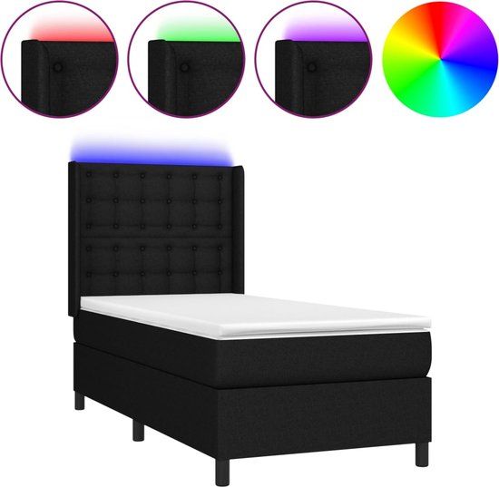 vidaXL Boxspring bed met matras en LED - 90x200 cm - Zwart - Stof