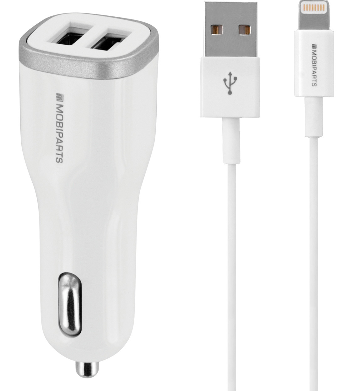 Mobiparts Car Charger Dual USB 4.8A + Lightning Cable White