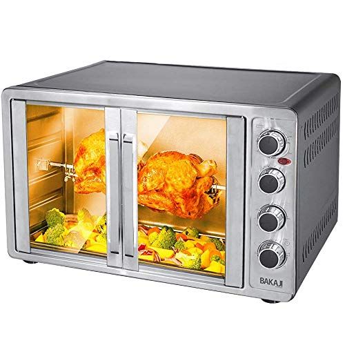 Bakaji Elektrische oven met circulatielucht, 55 l, vermogen 2200 W, met dubbele binnendeur, 4 kookstanden, instelbare temperatuur, timer met draaispit en accessoires