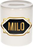 Bellatio Decorations Shoppartners Bv Spaarpot met voornaam Milo - wit - met goud/zwart embleem - 8 x 9 cm - keramiek - met afsluitdop - cadeau verjaardag