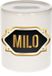 Bellatio Decorations Shoppartners Bv Spaarpot met voornaam Milo - wit - met goud/zwart embleem - 8 x 9 cm - keramiek - met afsluitdop - cadeau verjaardag
