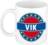 Bellatio Decorations - Vik voornaam - koffiemok - beker - wit/blauw - 300 ml - Cadeau - Heren - Collega - Vaderdag - Verjaardag