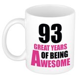 Bellatio Decorations Great Years of Being Awesome 93rd Birthday Coffee Mug Gift - White/Pink Cup for Women