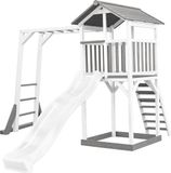 AXI Beach Tower Speeltoestel in Grijs/Wit - Speeltoren met Klimrek, Witte Glijbaan en Zandbak - FSC hout - Speelhuis op palen voor de tuin